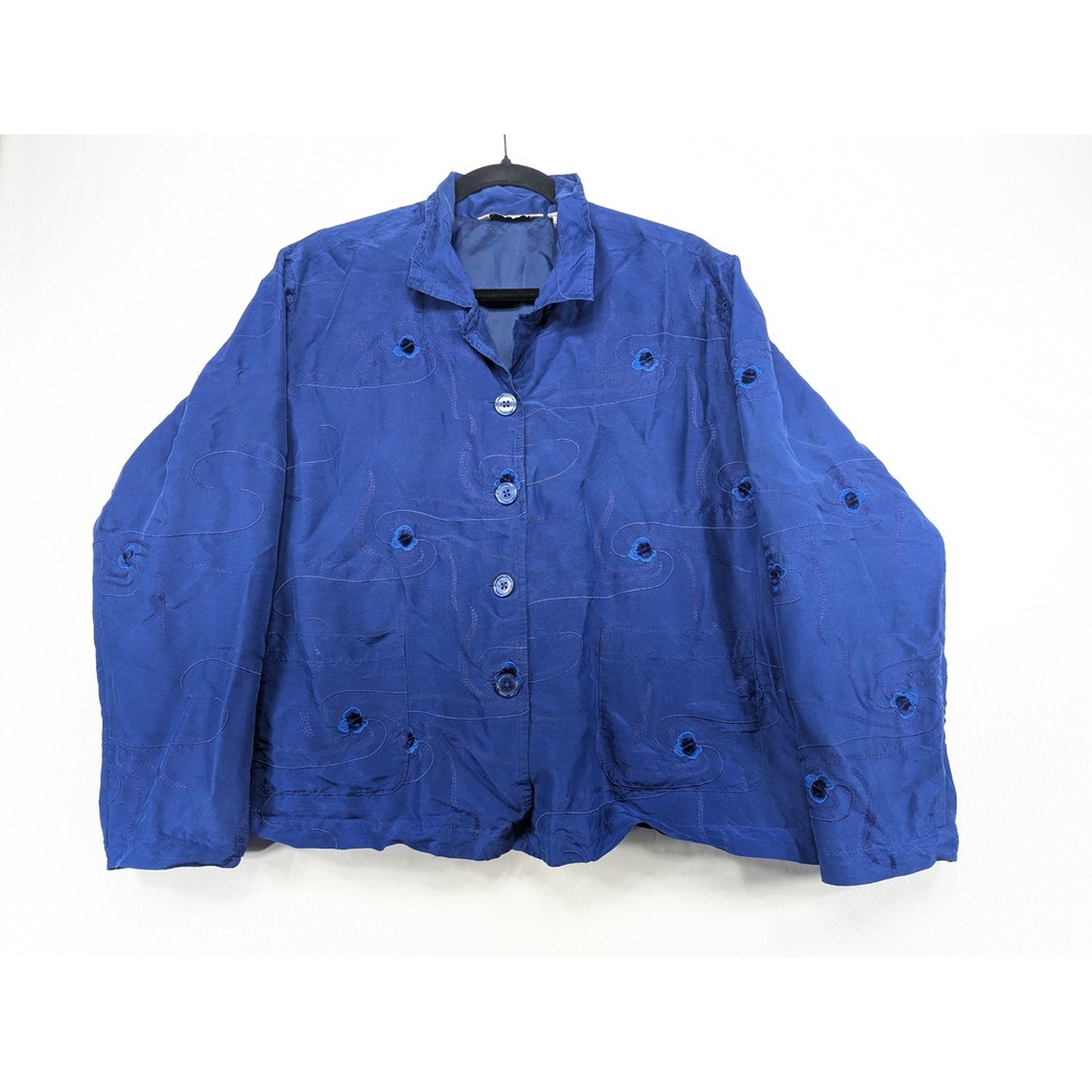 French Laundry Royal Blue 100% Silk Embroidered Cutout Button Front Jacket XL
